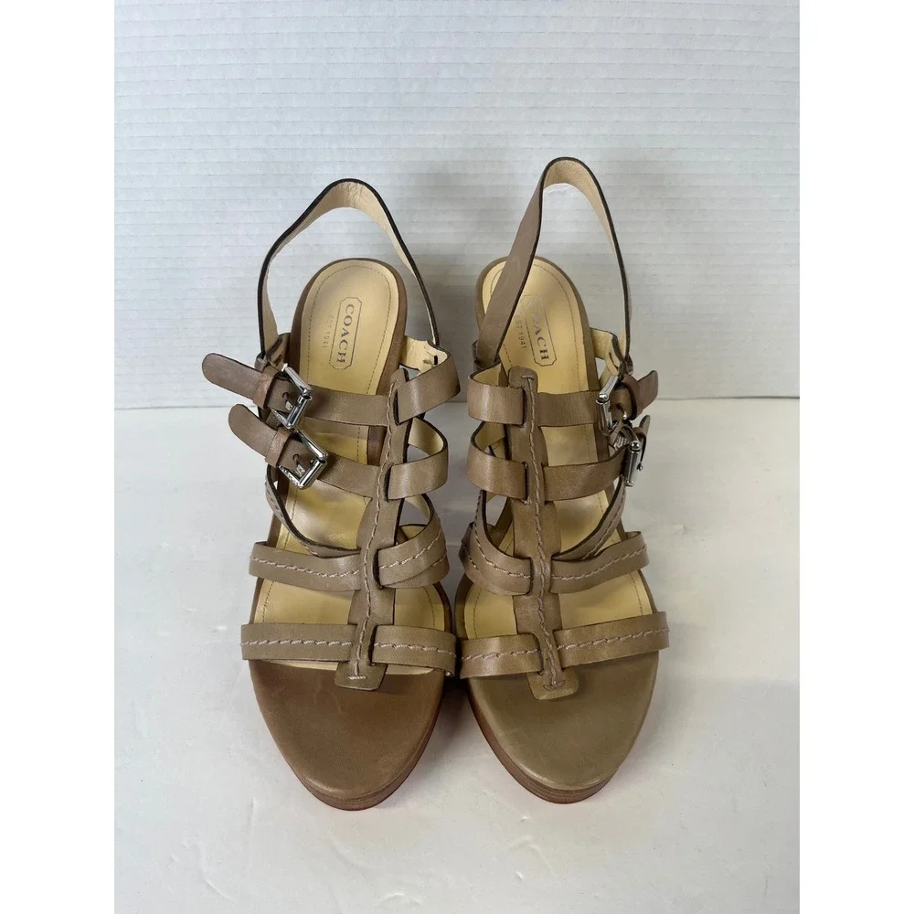 Coach‎ Alie A0384 Taupe Brown Leather Strappy Platform Block Heel Sandals 9.5B